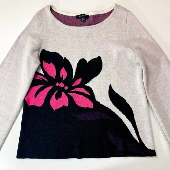 Ann Taylor Sweater Knit Floral Wool Bell Sleeve Black Barbie Pink Medium Grey - Picture 3 of 8
